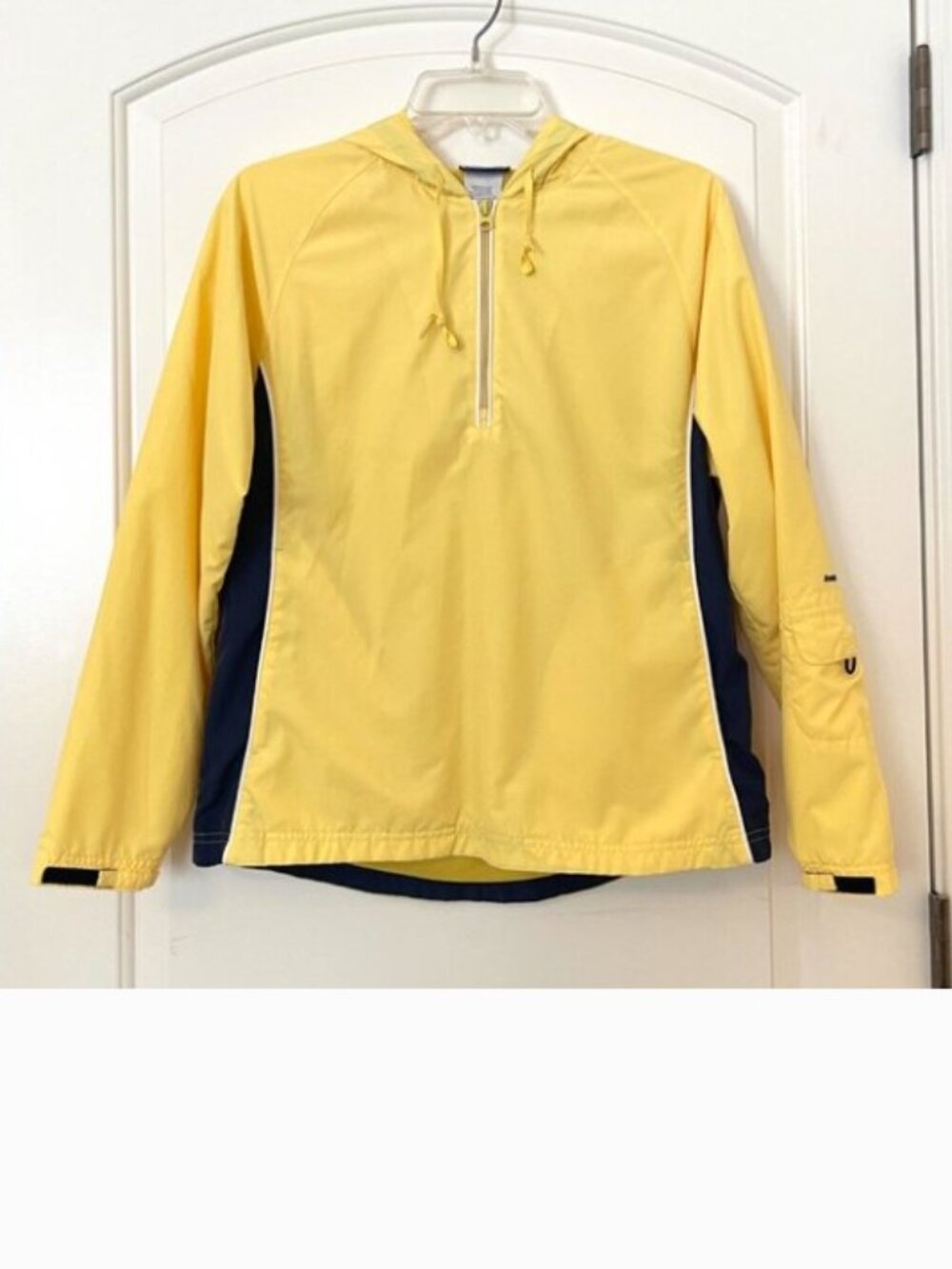 Reebok Jacket Pullover Lined Hood Partial Zip Yellow Navy Blue White Small